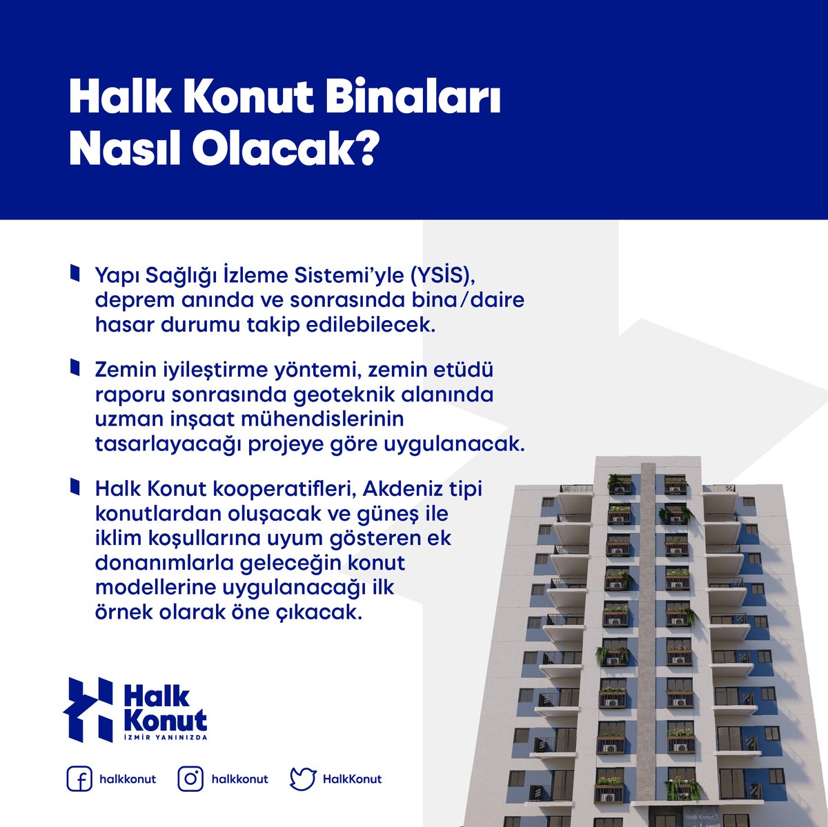 Türkiye'ye örnek olacak yeni Halk Konut binaları; güvenli, konforlu, doğayla barışık ve sosyal alanlarıyla komşuluk ilişkilerini güçlendirecek özelliklere sahip olacak.

#İzmirYanınızda