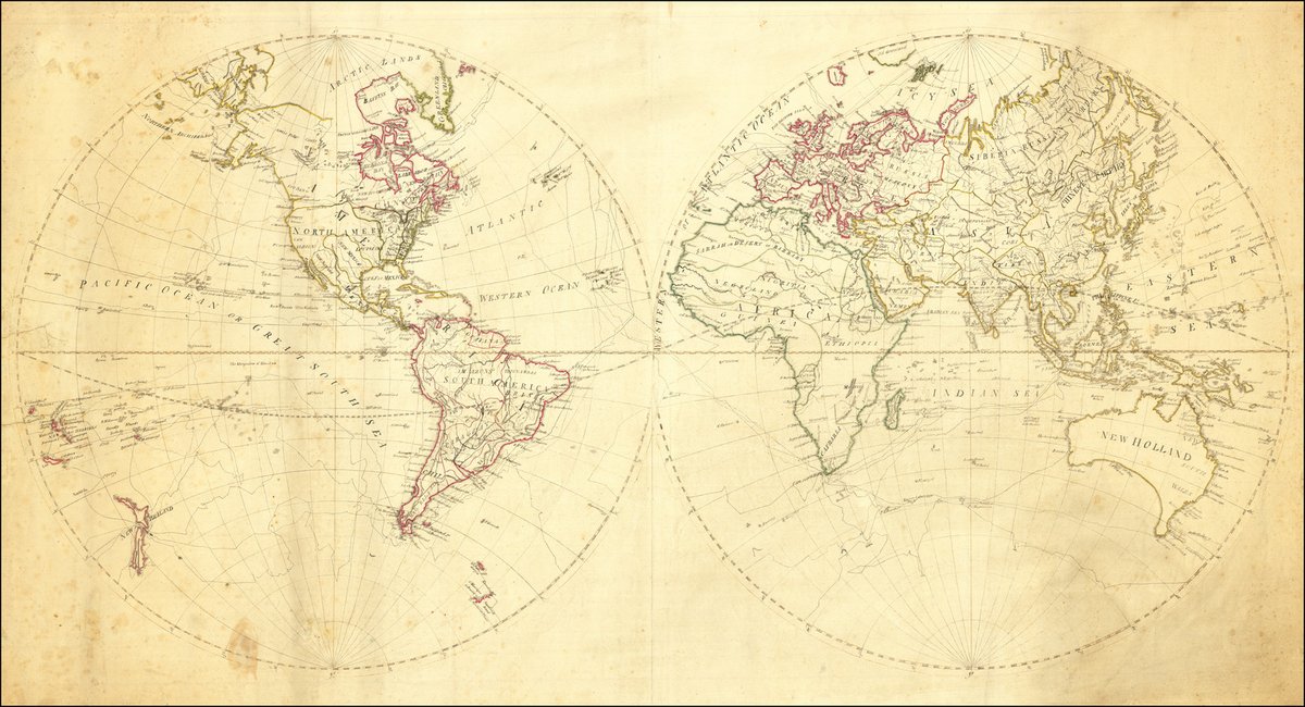 This is a hand-drawn world map, based on Samuel Dunn's ca. 1781 work, and was likely made as part of a geography lesson.

Learn more here: raremaps.com/gallery/detail…

#maps #mapsbyhand