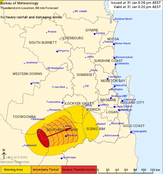 BOM_Qld's tweet photo. Detailed severe thunderstorm warning current for cell west of #Warrick, moving east. Could affect #Warrick by 6:50 pm and #Allora by 7:20 pm. May weaken when it reaches the #MainRange. Risk of heavy rainfall and damaging wind gusts. Warning https://t.co/J8MR52jCT4… https://t.co/Qs7qYzE6SZ