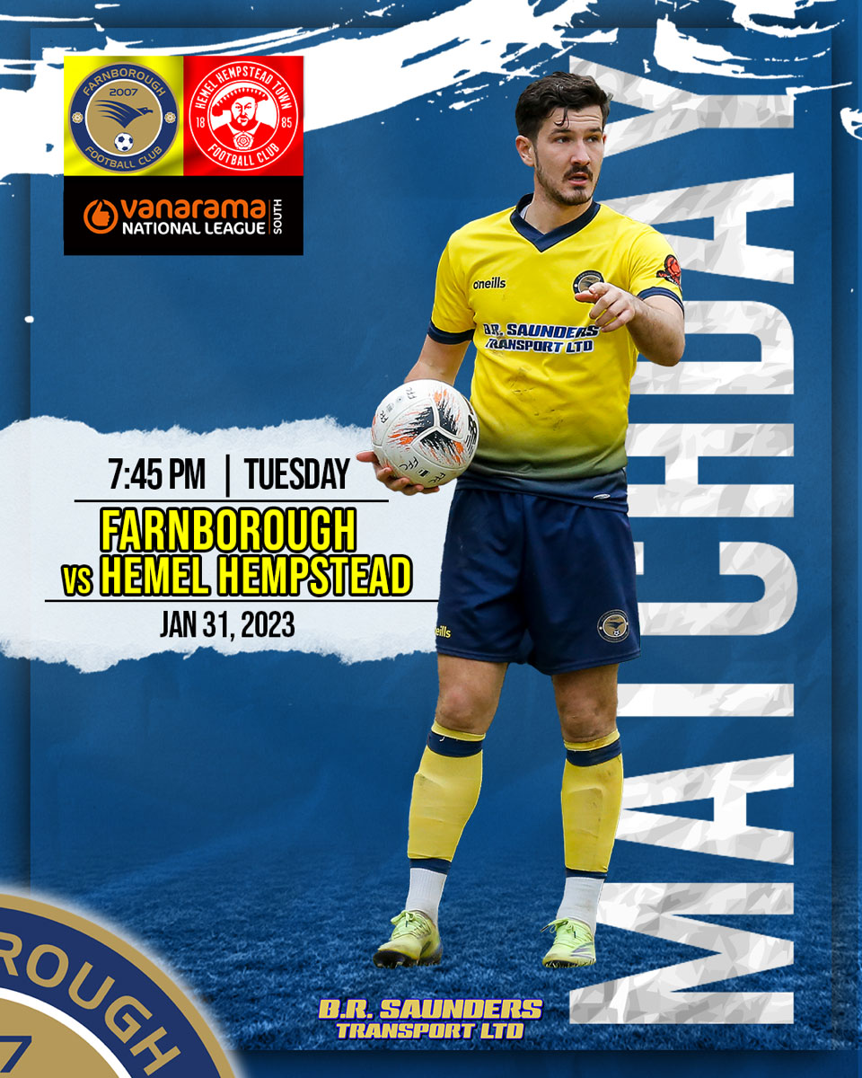 FarnboroughFC's tweet photo. 𝗠𝗔𝗧𝗖𝗛 𝗗𝗔𝗬!

⚽ #FarnboroughFC vs @hemelfc
🏆 @TheVanaramaNL South
📍 @EasyAsHGV Stadium, GU14 8UD
🕒 3pm

🎟️ Adult £12, Concession £10, 16-21 year old £6, Under 16 FREE must be accompanied by a responsible Adult.

Match Information: https://t.co/a1C8pKsxHN https://t.co/xMuS3zMsyH