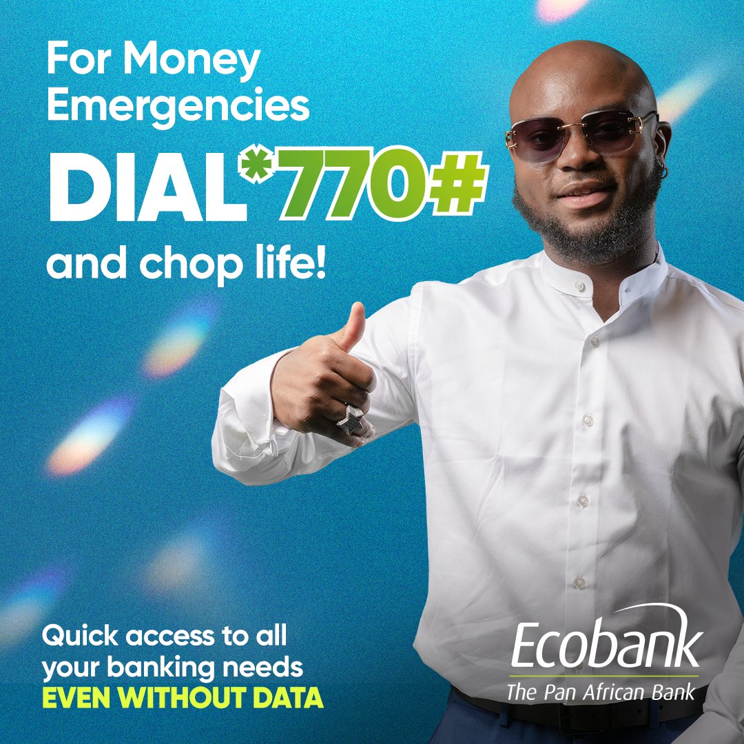 EcobankGhanaPLC's tweet photo. Just dial *770# for all your money emergencies and unlock the power of banking on the go.
#Dial770
#MoneyEmergency
#MobileBanking
#convenience
#ThePanAfricanBank https://t.co/wNaB6fmMdF