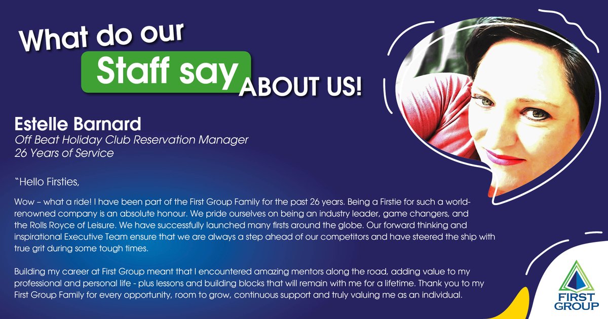 First_Group_ZA's tweet image. First Love from the First Fam 💚💙
Check out what our Off Beat Holiday Club Reservation Manager, Estelle Barnard, has to say about being a Firstie! 🤗

#employeefeedback #firstfam #firstielife #firstgroupstaff #firstgroup