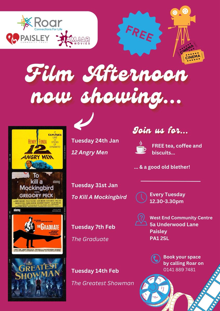 🗓️ TODAY! 📍West End Community Centre, Paisley. FREE to all! Todays film is “To Kill a Mockingbird” - a classic! 🎬🍿🎥