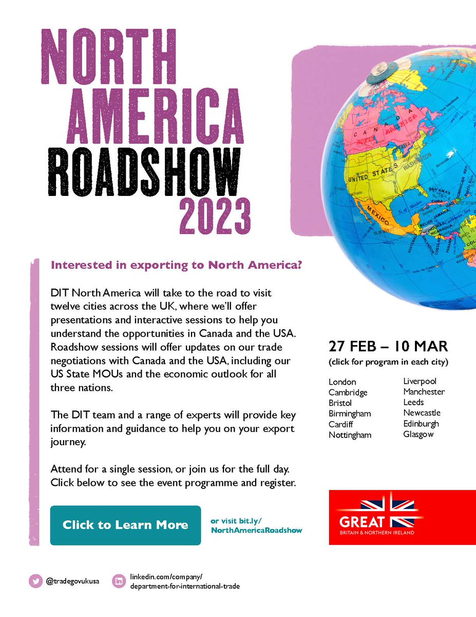 Coming to a UK city near you: @SelectUSA UK reps. Sign up for DIT North America Roadshow visiting 12 UK cities 28 Feb - 10 Mar eu.eventscloud.com/website/10196/…