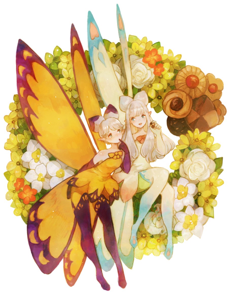 multiple girls 2girls wings fairy flower cookie dress  illustration images
