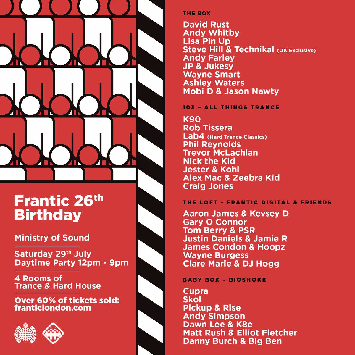 Massive line up announced for Frantic 26 at <a href="/ministryofsound/">Ministry of Sound</a> on Sat 29th July skiddle.com/e/36233666
<a href="/DavidRustMusic/">David Rust</a> <a href="/DJANDYWHITBY/">Andy Whitby</a> <a href="/DJAndyFarley/">Andy Farley</a> <a href="/djstevehill/">Steve Hill</a> <a href="/Waynesmart1979/">Wayne Smart</a> <a href="/Ashley_Waters/">Ashley Waters</a> <a href="/PSRDJ/">paul ryan</a> <a href="/RobTissera/">DJ Rob Tissera</a>