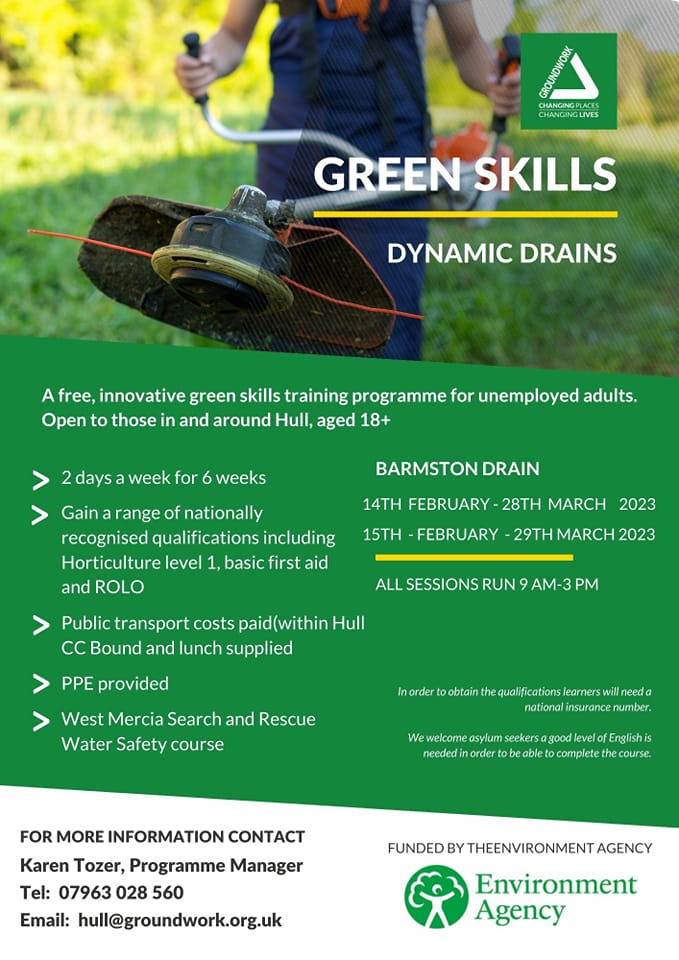 Still spaces available on the Dynamic Drains Green Skills training! Next starting date is from Tues 14th Feb for 6 weeks. The project has been running for three years by @GroundworkHull helping to create green jobs in the area. Email hull@groundwork.org.uk for info and to book.