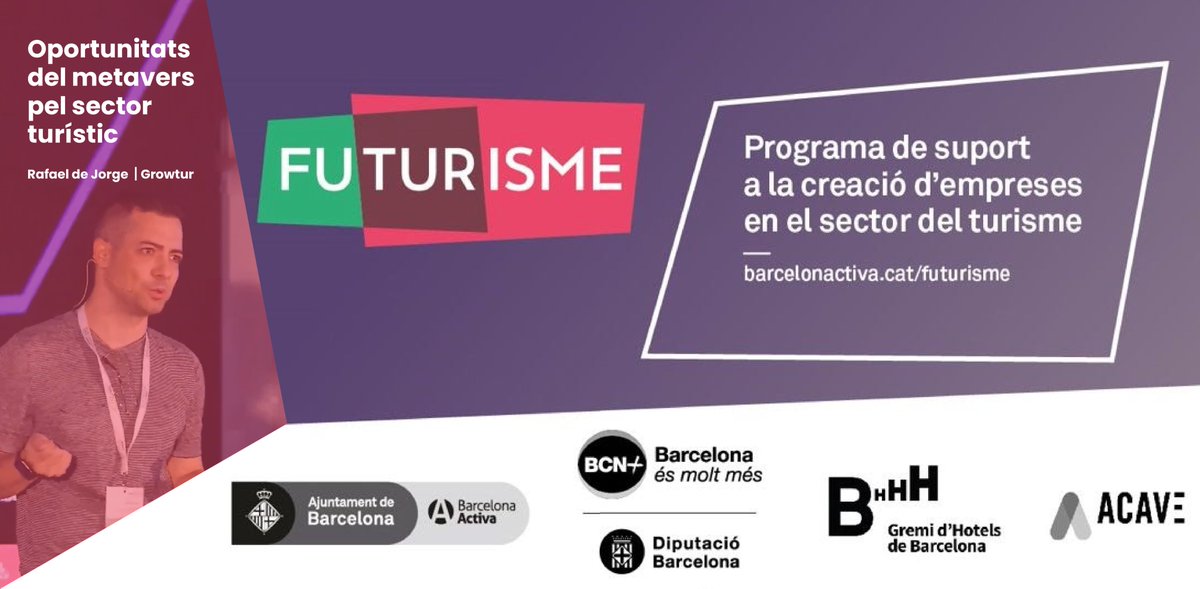 Este Jueves, tengo la gran suerte de participar como ponente en la jornada "Futurisme" de Barcelona Activa. Programa de soporte en la creación de empresas innovadoras y responsables en el sector turístico.

Inscripciones: emprenedoria.barcelonactiva.cat/web/guest/acti…

#innovacion #turismo #metaverso