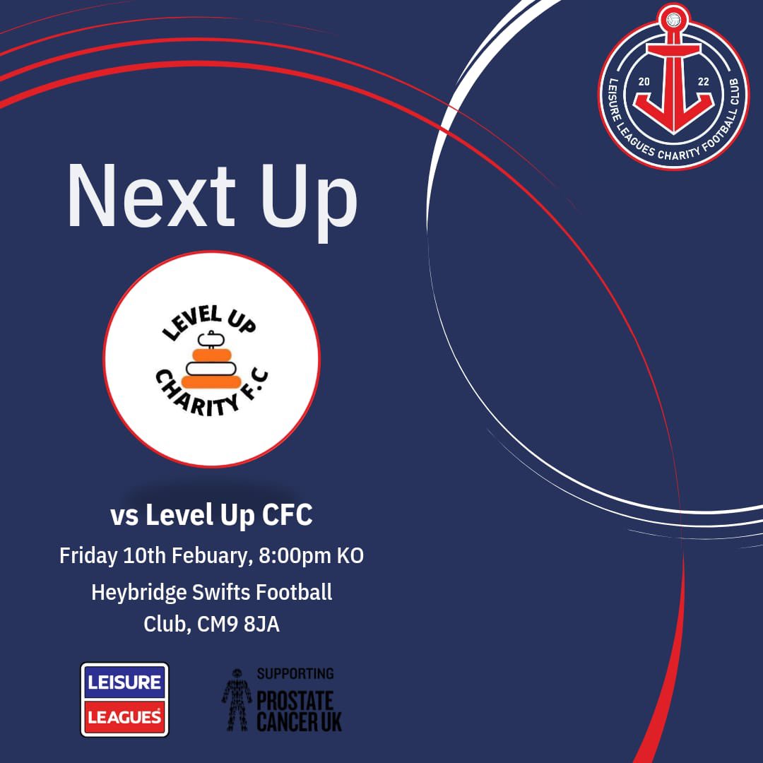 LLCFC22's tweet photo. Game #2. 🙌🏻

🆚 @LevelUpCFC 
📍 Heybridge Swifts Football Club
📆 Friday 10th February 2023
⏰ 8:00pm KO
💸 Raising for @ProstateUK 👤

#LLCFC 💙❤️ https://t.co/XKfEedgOEy
