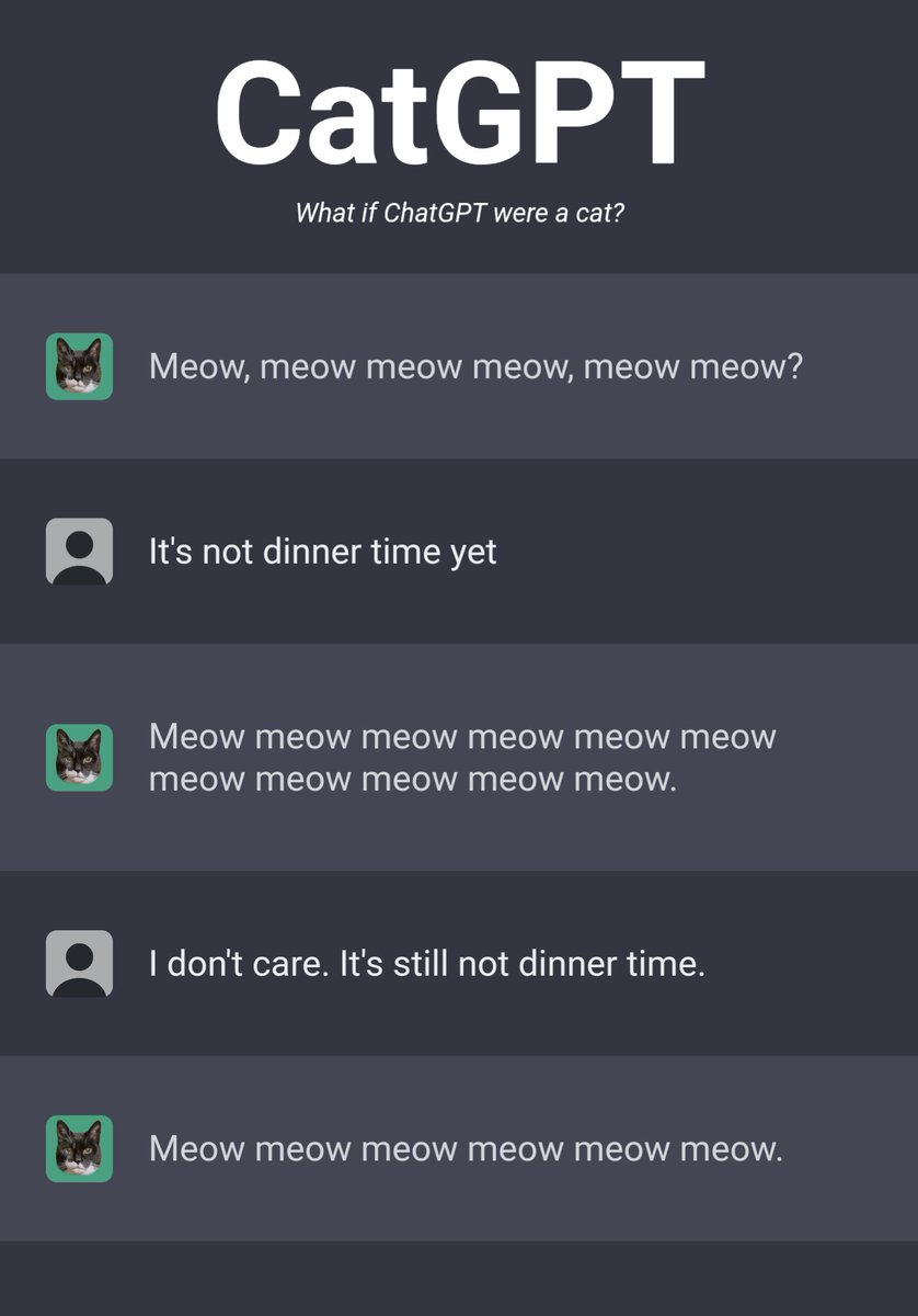 garius's tweet photo. I have to say, CatGPT is scarily accurate. Machine learning has come a long way.

https://t.co/UuGlA0Edqw https://t.co/Fbb6WijYN3