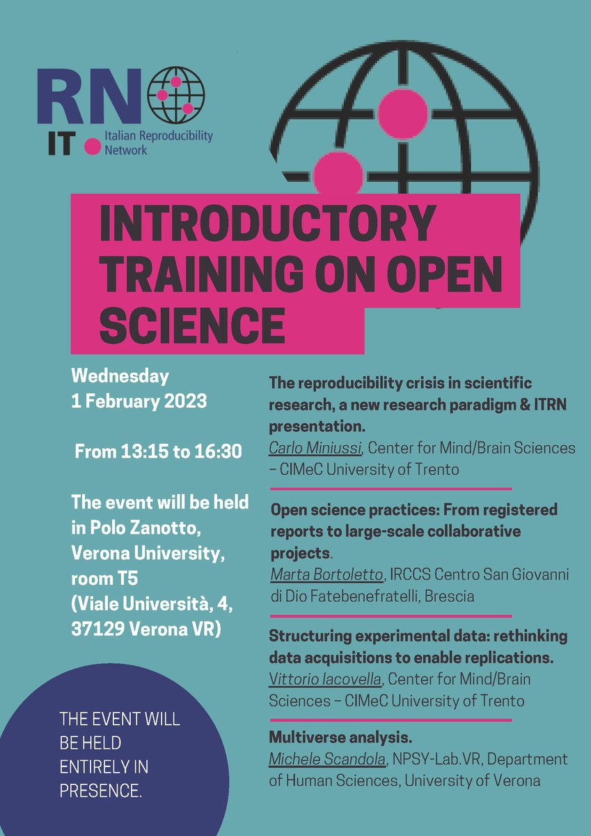 ALTAIR Robotics Lab (@labaltair) on Twitter photo 🗓️ Tomorrow in Verona "Introductory training on open science" with <a href="/Scandle/">Michele Scandola</a> <a href="/CarloMiniussi/">Carlo Miniussi</a> <a href="/BortolettoMarta/">Marta Bortoletto</a> @V_Iacovella from Italian Reproducibility Network
#openscience #openaccess #ITRN #reproducibility #multiverse #opendata #research 🗓️ Tomorrow in Verona "Introductory training on open science" with <a href="/Scandle/">Michele Scandola</a> <a href="/CarloMiniussi/">Carlo Miniussi</a> <a href="/BortolettoMarta/">Marta Bortoletto</a> @V_Iacovella from Italian Reproducibility Network
#openscience #openaccess #ITRN #reproducibility #multiverse #opendata #research