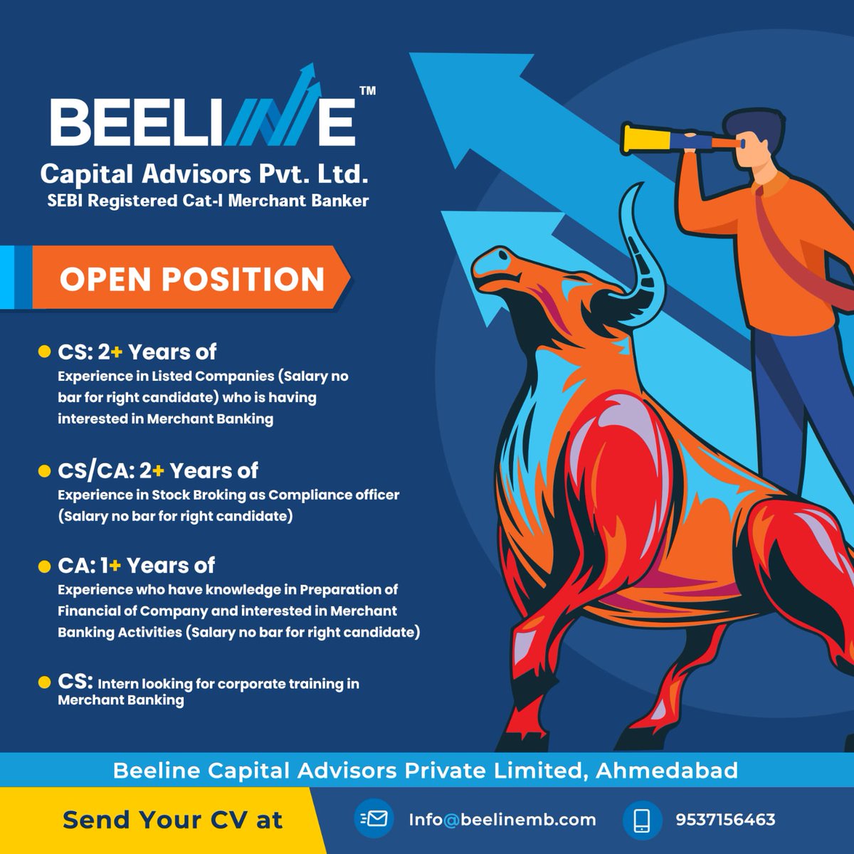 We are hiring!
#beeline #capitaladvisors #hiring #ca #cs #cfa #intern #2023 #accounts #finance #job #vacancy #ahmedabadjobs #growth #internship #caintern #csintern #sme #emerge #nse #bse #cacs