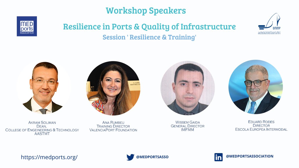 𝗗𝗜𝗦𝗖𝗢𝗩𝗘𝗥 𝗧𝗛𝗘 𝗦𝗣𝗘𝗔𝗞𝗘𝗥𝗦 | #Resilience in #Ports &amp; #Quality of #Infrastructure workshop on February 06, 2023 in Tunis.

For registration ➡️ fajrwahbaa@yahoo.com

Speakers ➡️ lnkd.in/dzcmx5af

Information about workshop ➡️ lnkd.in/dweR-NQR

#medports