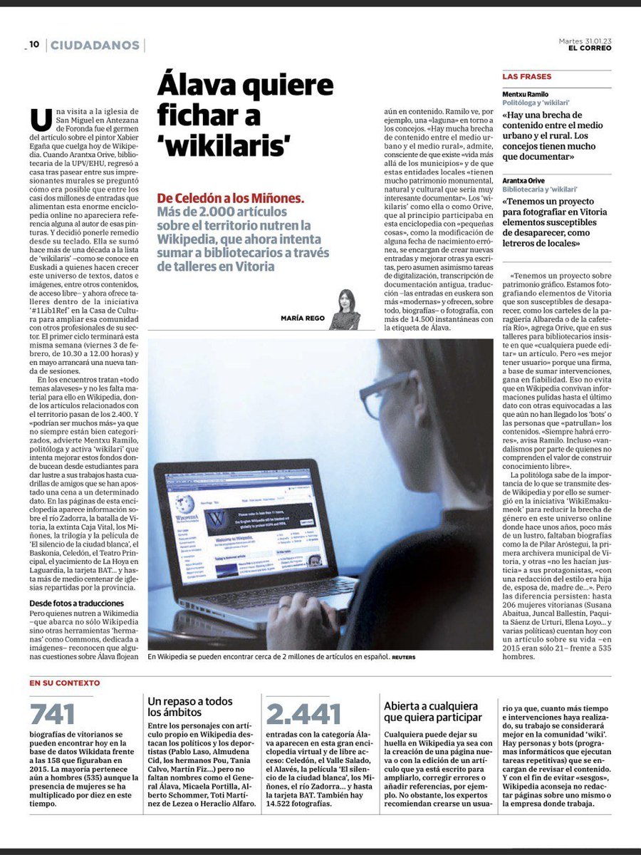 mentxuwiki's tweet photo. Hoy @Arantxa2012 y yo en📰. 
🌐Queremos que haya más wikilaris! Hay mucho por documentar y por compartir.
💻En @BiblioAldecoa comenzamos con personal bibliotecario #1lib1ref. Seguiremos con quienes queráis colaborar en los proyectos Wikimedia.
💜Gracias @KikeUriarte por tu apoyo! https://t.co/FBoBW7VdTG