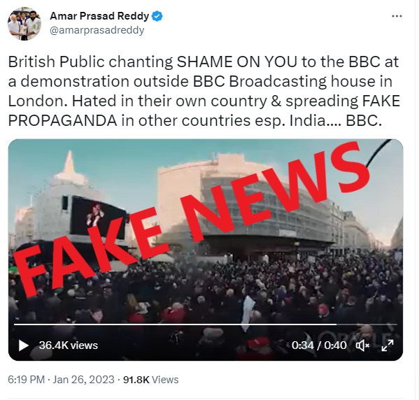 TrueNewsBengal's tweet photo. #FakeNewsAlert | Protests linked to #BBCDocumentary on PM Modi erupted in #London? No, viral video is completely unrelated. >>https://t.co/JphP6e8pZm https://t.co/q4WNFBx0z5