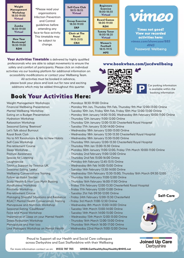 Our Winter Activity Timetable is packed full of activities &amp; workshops to help support your wellbeing.

The team deliver these services across various JUCD locations, aiming to support as many of our colleagues as possible during these busy times.

➡️bookwhen.com/jucdwellbeing
