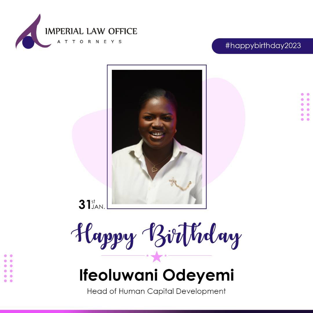 law_imperial's tweet photo. Happy birthday to our Head of Human Capital Development, Ifeoluwani Odeyemi.
We celebrate and wish you many more years of great achievements.

#Imperiallawoffice #birthday #commerciallawfirm #tgif #legalattorney https://t.co/DqSakbjDwa