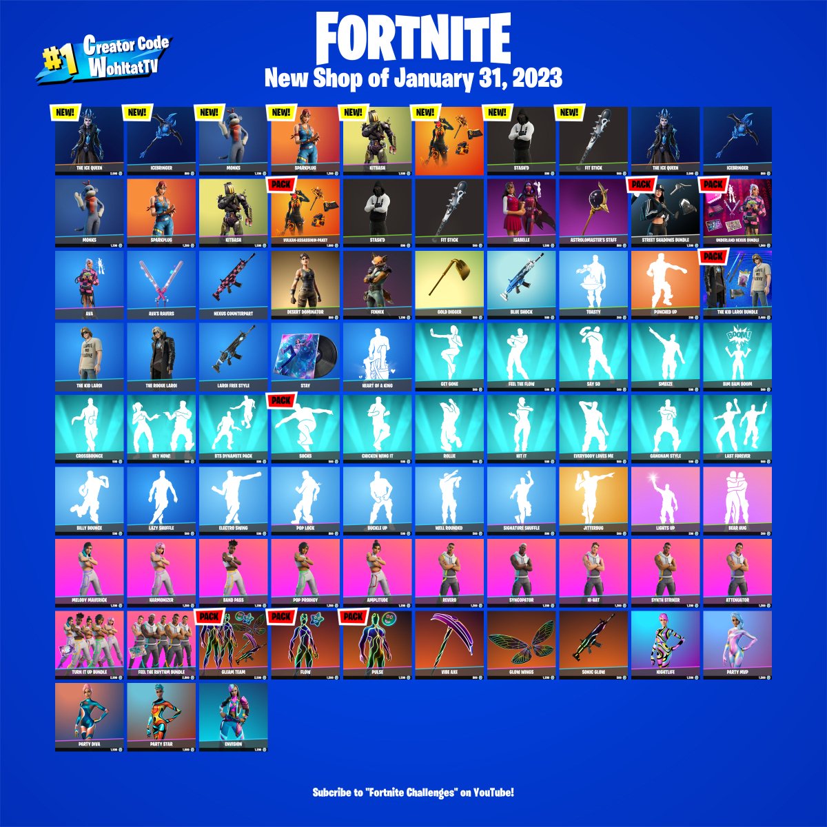NewOnFortnite's tweet photo. The new Fortnite Shop today (January 31, 2023)
How do you like the new item shop? 👍 or 👎
❤️ Use Creator Code WohltatTV
🔥 Follow: https://t.co/4MD6rmLnFc https://t.co/JRKlfffCHi