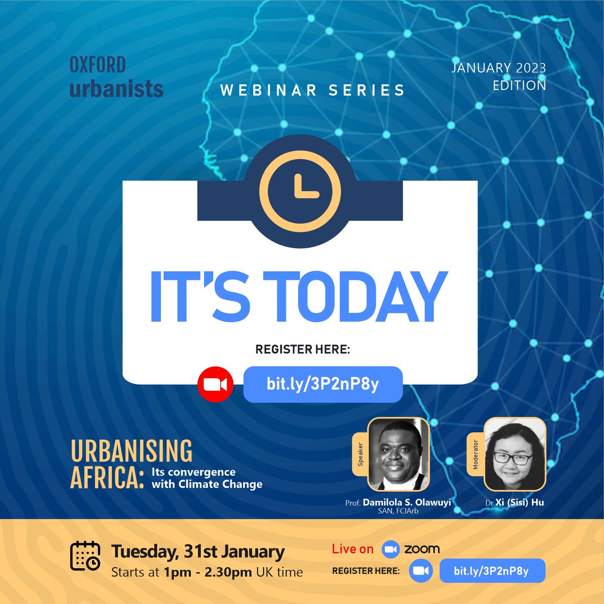 The wait is over!

Today at 1:00 pm (UK Time), we’ll be joined by <a href="/dsolawuyi/">Damilola S. Olawuyi, SAN, FCIArb</a>  and Dr. Xi (Sisi) Hu as we discuss the convergence of climate change with Africa’s #urbanisation

Register here: bit.ly/3P2nP8y

 #cities  #africa #climateaction