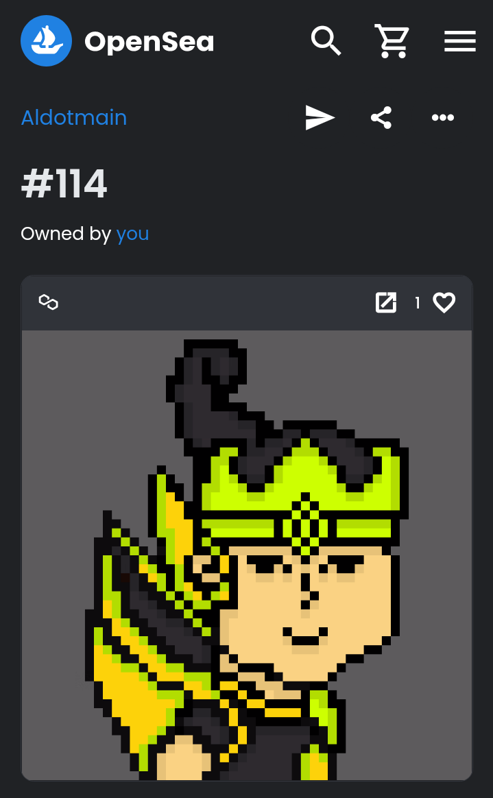 Collection name: Aldotmain
Network : Polygon 
Name Item: #114
Price : 0.008 ETH
No gas fee
Available on Opensea
Homemade✍️

Link:
opensea.io/assets/matic/0…

#OpenSeaNFT #opensea #NFTCommunity #nftcollector #NFTCollection #nftart #NFT #NFTspace #NFTshill