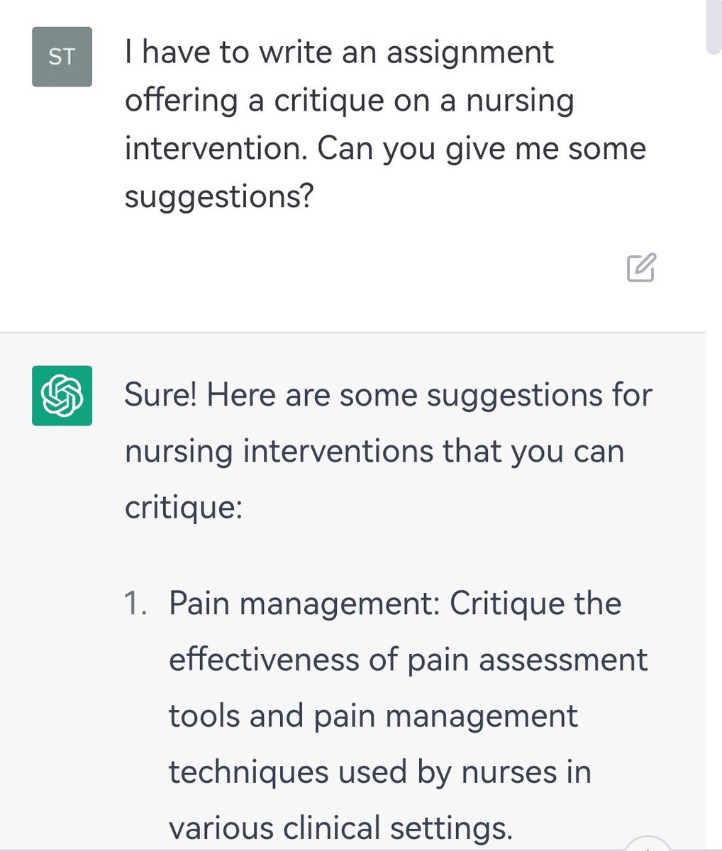 1. Thread on how I used #ChatGPT artificial intelligence to plan and research my pretend university nursing course assignment. Initially I needed help with deciding on a topic so #ChatGPT quickly offered ten relevant suggestions...