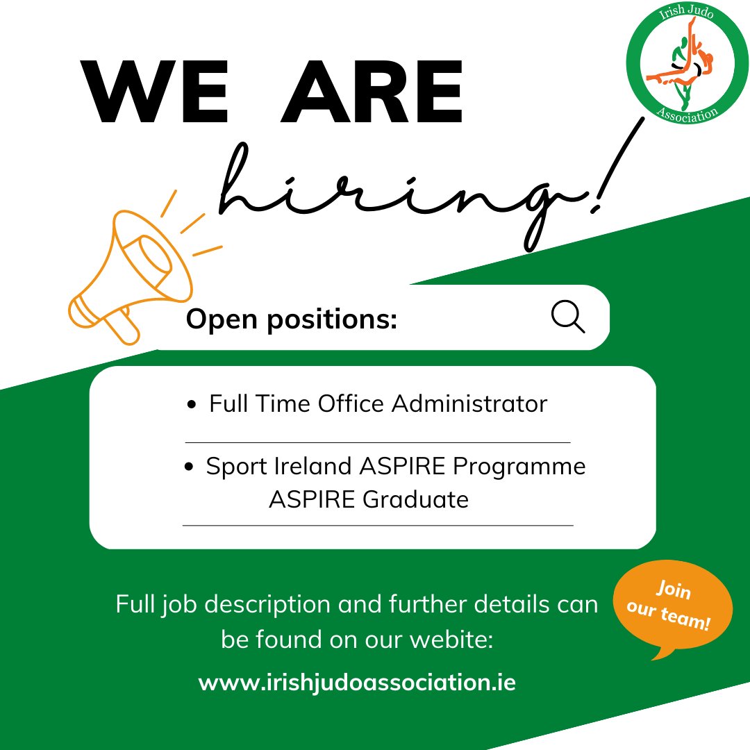 The Irish Judo Association are recruiting for a Full Time Administrator and a Sport Ireland ASPIRE Graduate to join the IJA's staff team.

All information about each role can be found on our website: irishjudoassociation.ie/job-vacancies-…

Closing date for applications  - 13th February 2023