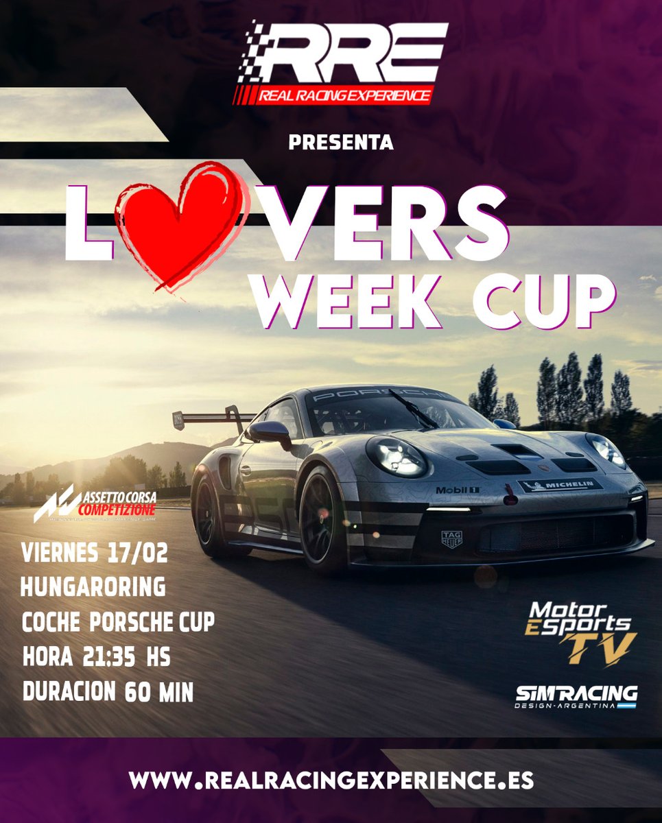 ♥️Lovers week💙

🏆¡INSCRIPCIONES ABIERTAS!🏆

Para los enamorados del #Porsche #Cup, ¡con con Director de Carrera en tiempo real!

📅17/02
⏰️21:35
📍Hungaroring

Inscripciones⬇️
realracingexperience.es

Evento Gratuito

Como siempre en <a href="/MotorEsportsTV/">MotorEsportsTV</a> 
#SomosRRE