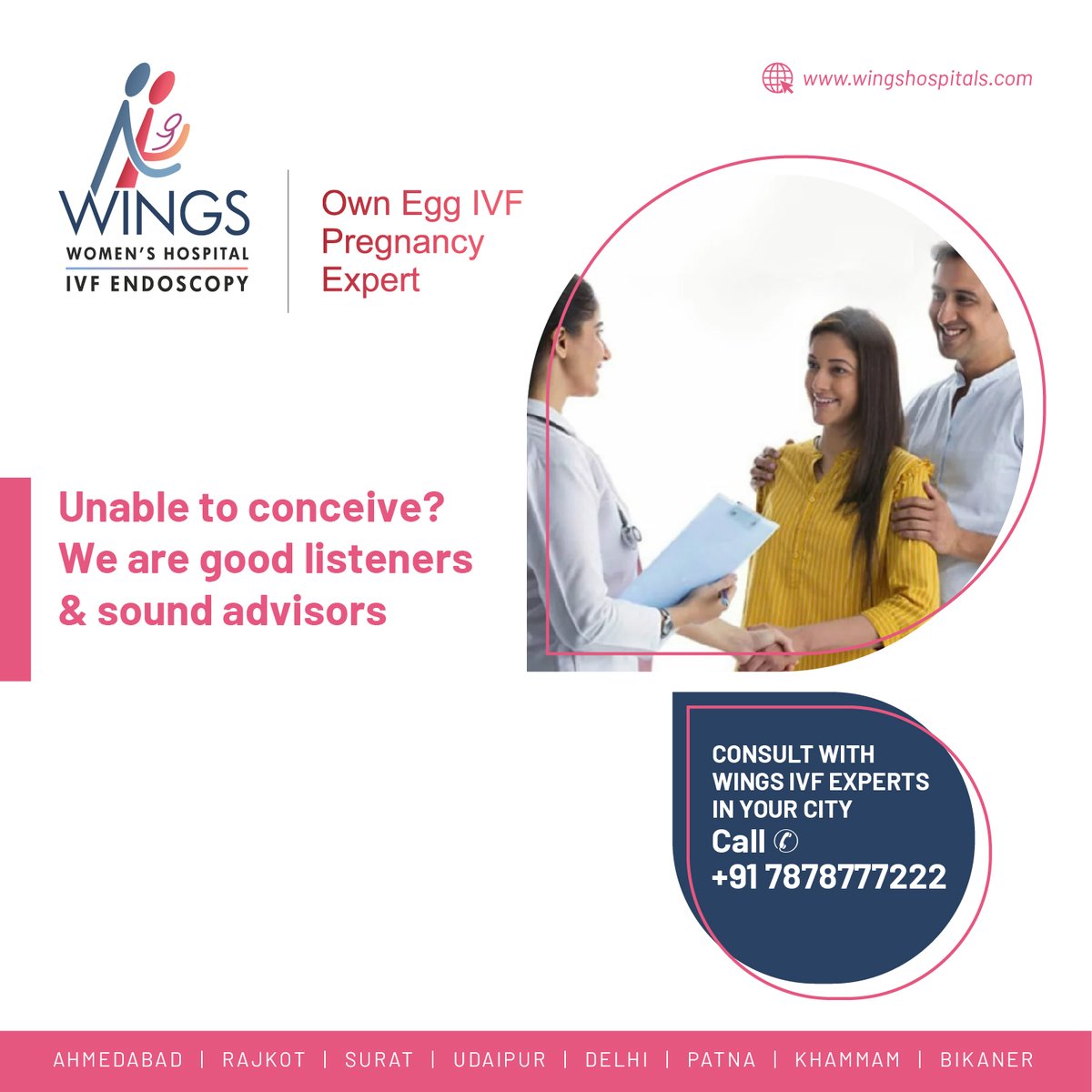 HospitalWINGS's tweet photo. WINGS IVF provides advanced IVF treatment with highest ethical commitment and complete transparency. Our priority is you! Book a consultation today by calling us on +91 78787 77222
To know more, visit us at: https://t.co/3RkFEufMAM
#WINGSIVF #Parenthood #FertilityExperts https://t.co/dNH0MhngDG