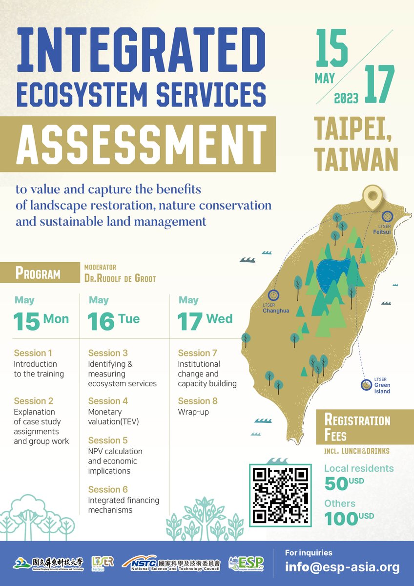 Integrated #EcosystemServices Assessment training: Registration is now open! 

The training organised by the ESP #Asia Regional Office will take place in Taipei, #Taiwan on 15-17 May 2023.

Register here:
espconference.org/140978/subscri…
