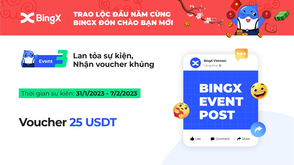 BingXVietnam's tweet photo. BINGX TRAO LỘC ĐẦU NĂM

✅Giới thiệu bạn mới - Thưởng ETH 
✅Thưởng 100% Giá Trị Nạp Lần Đầu - Giao Dịch Tặng Voucher Ưu Đãi
✅ Thưởng 200 voucher 25x5 USDT
➖Retweet
➖Điền UID BingX
➖Tag 3 người quen, tag @BingXVietnam 

Chi tiết: https://t.co/ZrsTxNtHIw https://t.co/juQHmd13lh