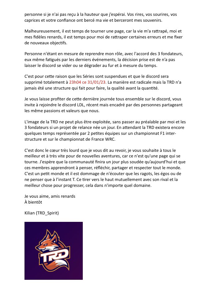 Communiqué officiel a propos de la TRD. Merci à vous de le lire dans son ensemble.