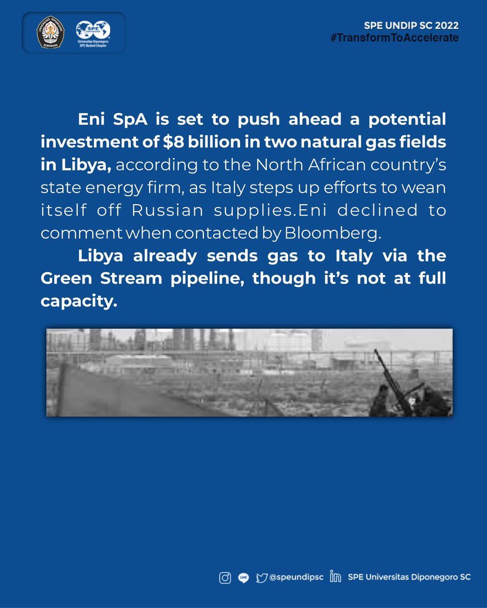 speundipsc's tweet photo. [PETRONEWS]

Eni SpA is set to push ahead a potential investment of $8 billion in two natural gas fields in Libya, according to the North African country’s state energy firm, as Italy steps up efforts to wean itself off Russian supplies. Swipe right to know more! https://t.co/y6ScvIX48b