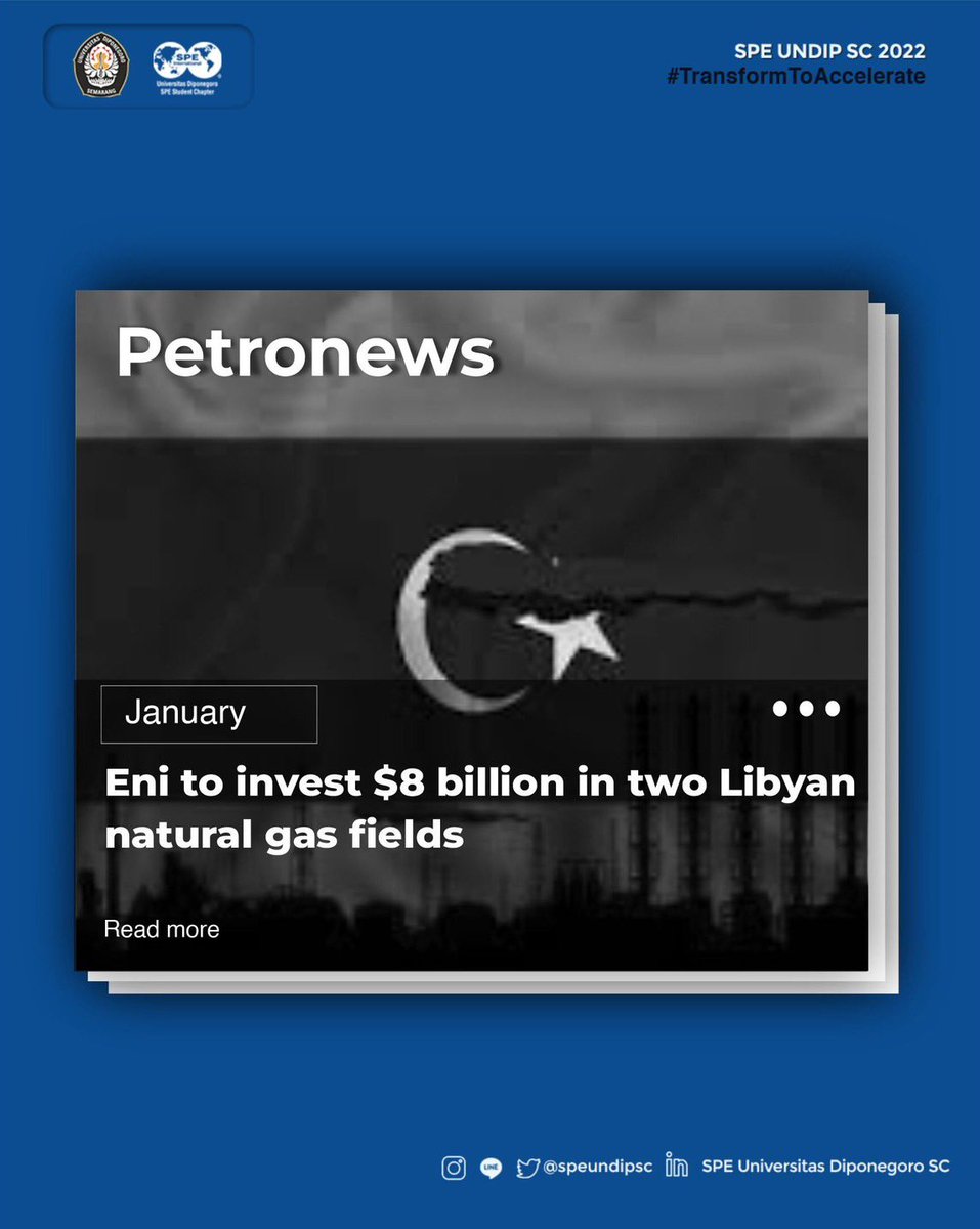 speundipsc's tweet photo. [PETRONEWS]

Eni SpA is set to push ahead a potential investment of $8 billion in two natural gas fields in Libya, according to the North African country’s state energy firm, as Italy steps up efforts to wean itself off Russian supplies. Swipe right to know more! https://t.co/y6ScvIX48b