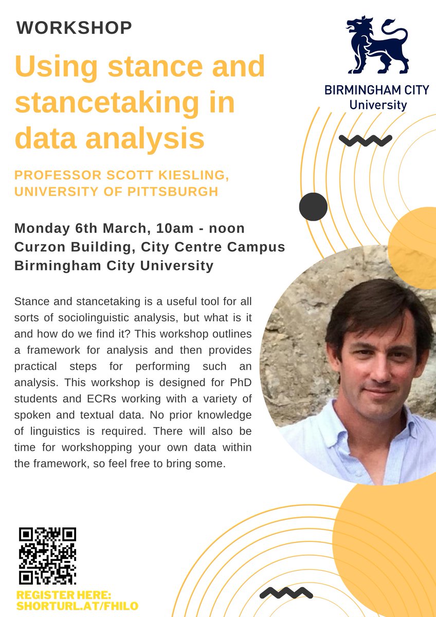 School of English (@bcuenglish) on Twitter photo We are delighted to announce that we will be hosting Professor Scott Kiesling (<a href="/pittprofdude/">Scott F. Kiesling</a>) on March 6th, where he will be leading a data analysis workshop for PhD students and ECRs. More details below and on eventbrite. Please shared and RT! eventbrite.co.uk/e/data-analysi… We are delighted to announce that we will be hosting Professor Scott Kiesling (<a href="/pittprofdude/">Scott F. Kiesling</a>) on March 6th, where he will be leading a data analysis workshop for PhD students and ECRs. More details below and on eventbrite. Please shared and RT! eventbrite.co.uk/e/data-analysi…