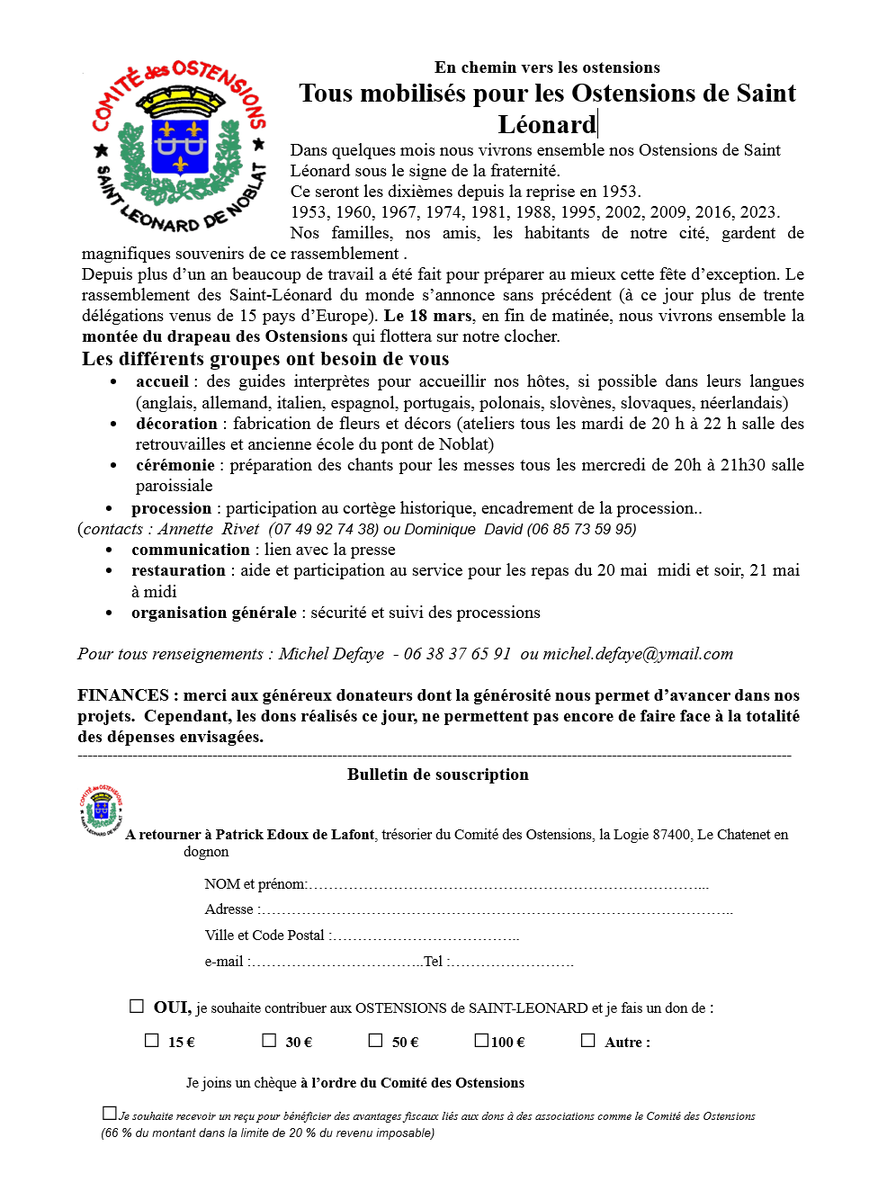 OTNoblat's tweet photo. Tous mobilisés pour les #Ostensions #limousines de Saint-Léonard de Noblat !
Le Comité des Ostensions fait appel à vos dons et aux bénévoles pour la préparation de cette grande fête ! Infos dans le flyer. https://t.co/blULEjaM4z