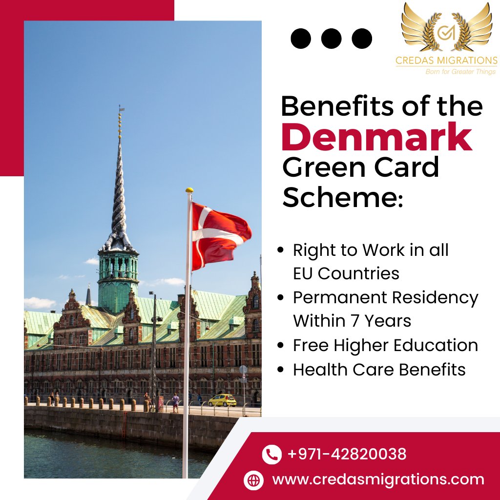 credasmigration's tweet photo. The Denmark #GreenCardScheme allows a person to live and earn in Denmark🇩🇰 based on points you score and criteria such as situation, age, language, education, etc. The validity is 18 months for a Danish #Greencard.
#Denmarkvisa #danishvisa #greencardvisa #immigratetodenmark https://t.co/8YtuXHUjJ1