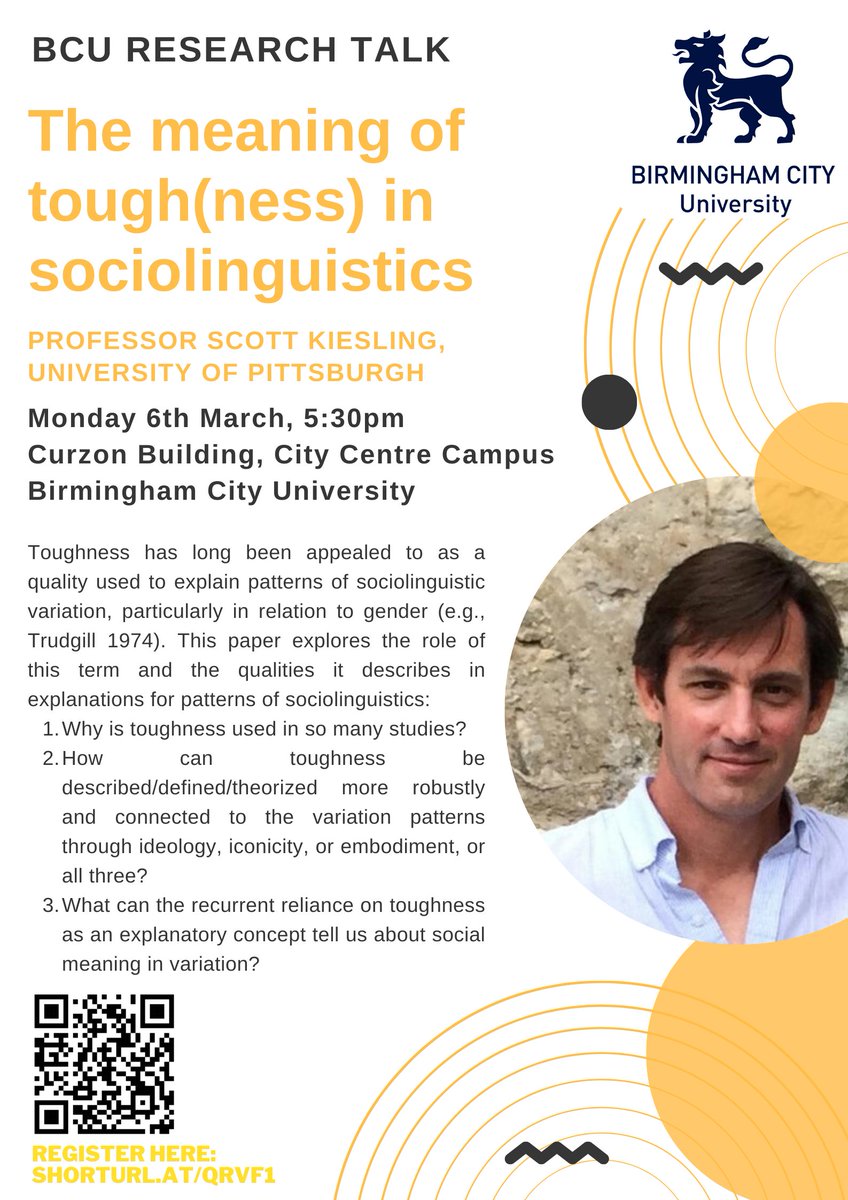 We are delighted to announce that we will be hosting Professor Scott Kiesling (@pittprofdude) on March 6th, where he will be giving a research talk on toughness in sociolinguistics. More details below and on eventbrite. Please shared and RT! eventbrite.co.uk/e/the-meaning-…