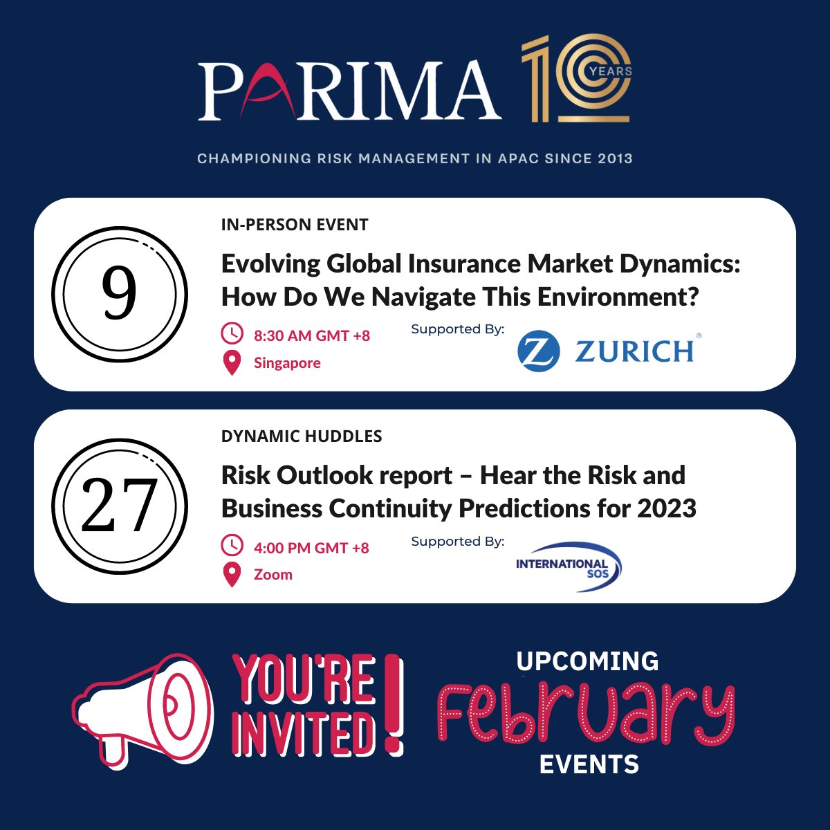 PARIMAorg's tweet photo. TUNE IN for our upcoming events this February! Follow our socials or visit https://t.co/TTZ5u00VGx to stay updated!

#PARIMA2023 #PARIMAevents #Dynamichuddles #ConfidentResponseSeries #riskmanagement #riskmanagers #insurance #cyberresilience #environmentalrisks #Singapore #APAC https://t.co/1RPAxngwm8