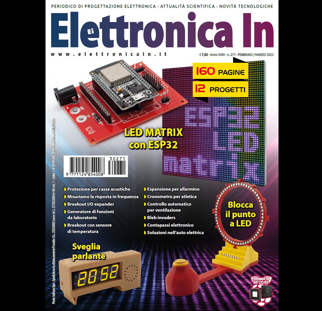 futuranet_it's tweet photo. Il nuovo numero di #ElettronicaIn è disponibile nelle migliori edicole e nel nostro store con ben 160 pagine e 120 progetti
#MCP23017 #adt7422 #bleb #esp32 #elettronica #Breakout #LEDMatrix #RP2040
https://t.co/fC4LPZBZq2
@ADI_News @MicrochipTech @EspressifSystem @Raspberry_Pi https://t.co/8kEQRJvM3k