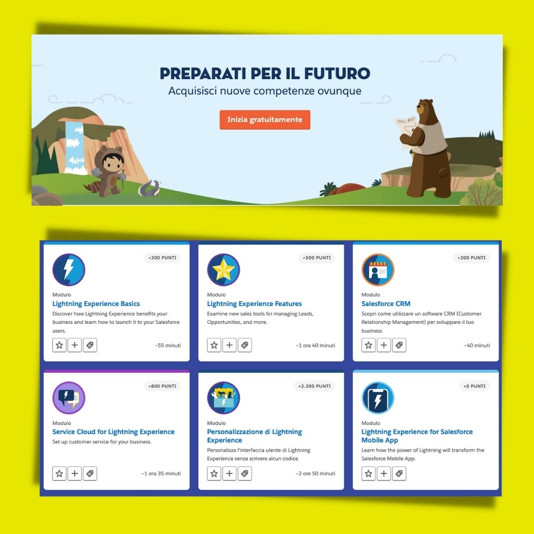 .<a href="/trailhead/">Trailhead</a>, piattaforma di #elearning dell'ecosistema <a href="/salesforce/">Salesforce</a>, è ora disponibile anche in italiano. Propone percorsi di apprendimento attraverso gamification, le community, progetti pratici e tanto altro. trailhead.salesforce.com/it/ #formazione