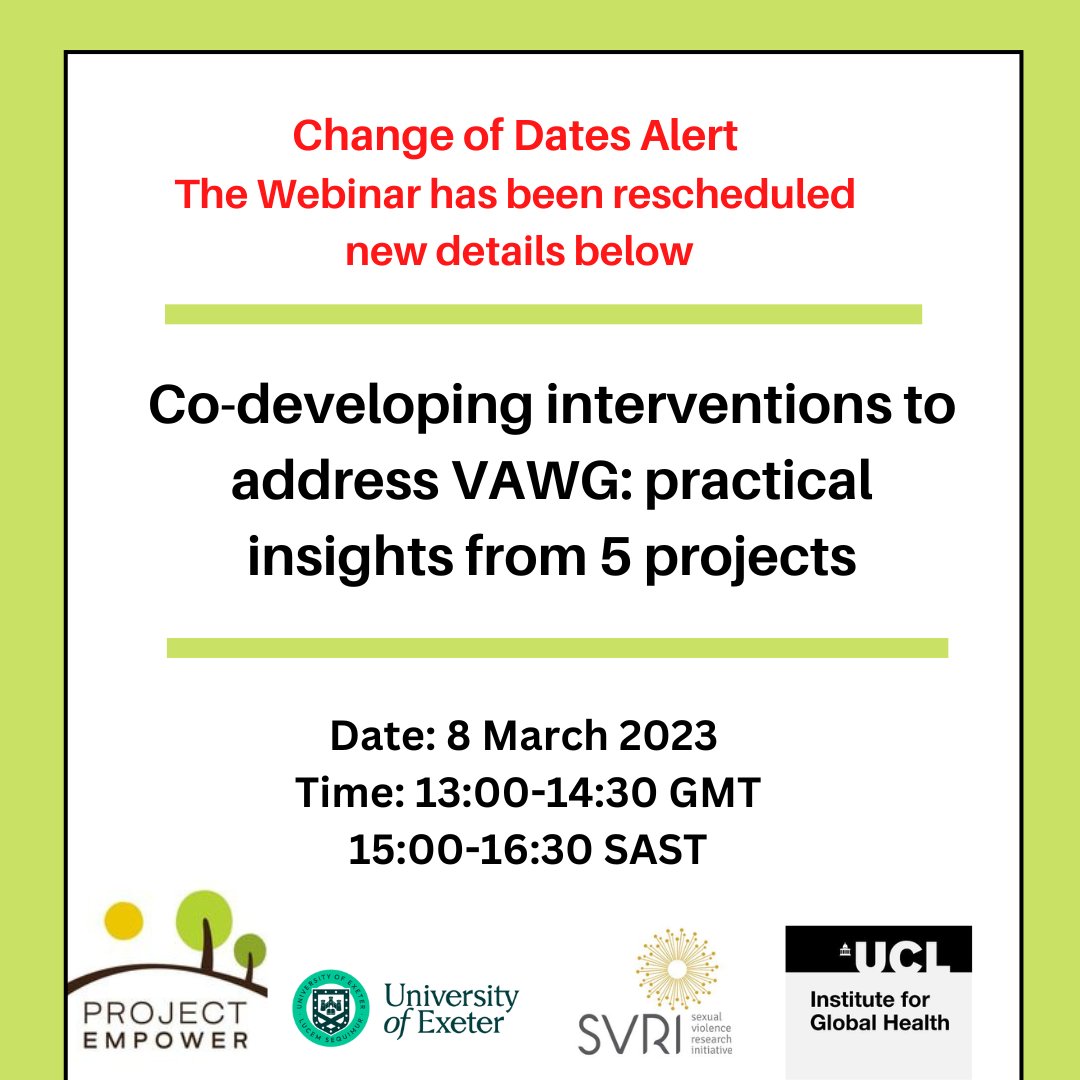Please note the webinar has been postponed for the🗓️8 March 2023
⏰13:00-14:30 GMT/ 15:00-16:30 SAST
📍Register 👇

us02web.zoom.us/webinar/regist…

#CoDevelopment #EndGBV