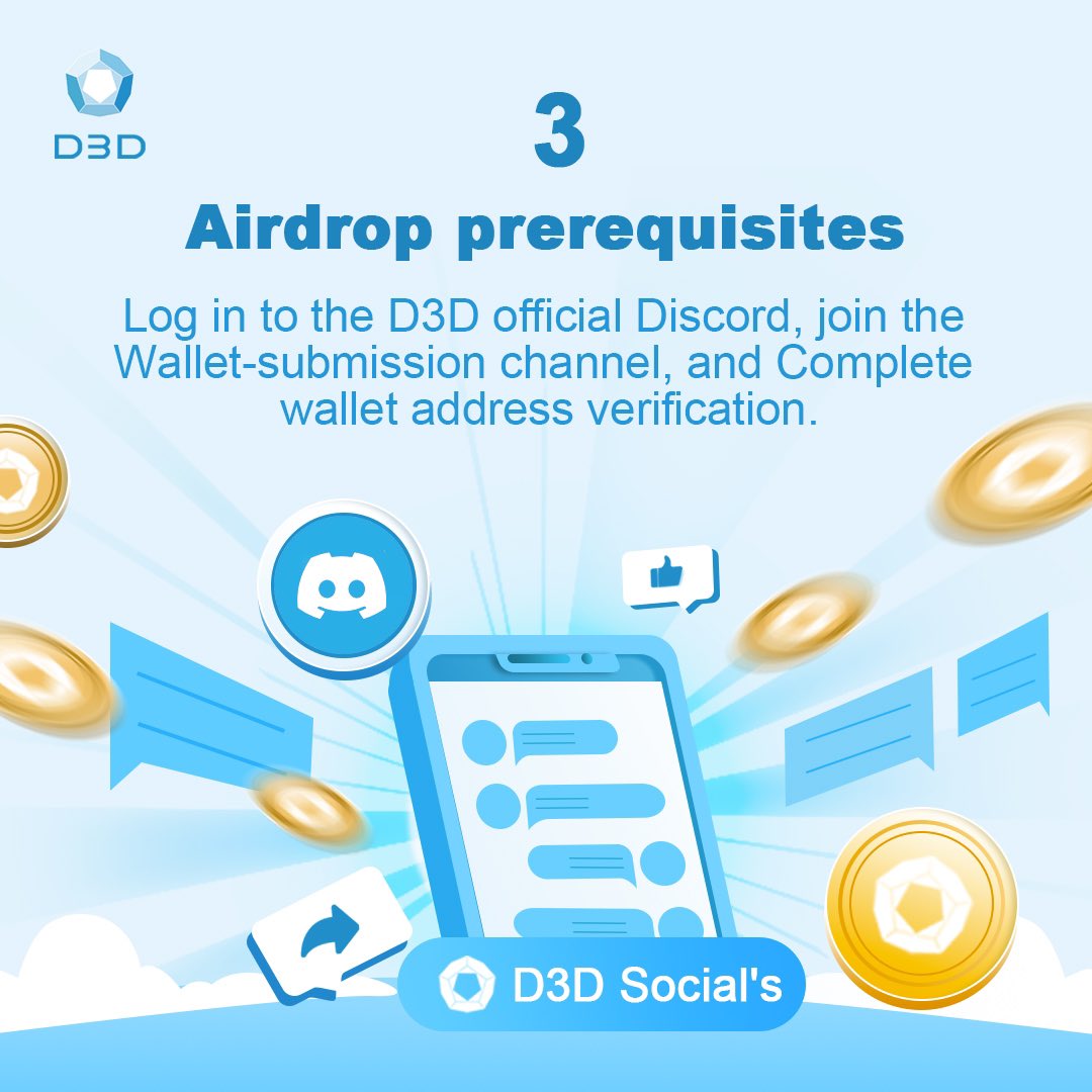 D3D Social (@d3dsocial) on Twitter photo 🏆Airdrop prerequisites
1.✅RT & ❤️LIKE and
Follow <a href="/kenzoooo1114/">内藤 貴皓| 成長企業の人事・採用支援CHEMI代表</a>
<a href="/yk78901/">yk</a>
<a href="/takehito_imai/">Takehito Imai</a>
2. Leave your BSC address below this tweet comment.
3. Log in to the D3D Discord, join the Wallet-submission channel, and Complete wallet address verification. 🏆Airdrop prerequisites
1.✅RT & ❤️LIKE and
Follow <a href="/kenzoooo1114/">内藤 貴皓| 成長企業の人事・採用支援CHEMI代表</a>
<a href="/yk78901/">yk</a>
<a href="/takehito_imai/">Takehito Imai</a>
2. Leave your BSC address below this tweet comment.
3. Log in to the D3D Discord, join the Wallet-submission channel, and Complete wallet address verification.
