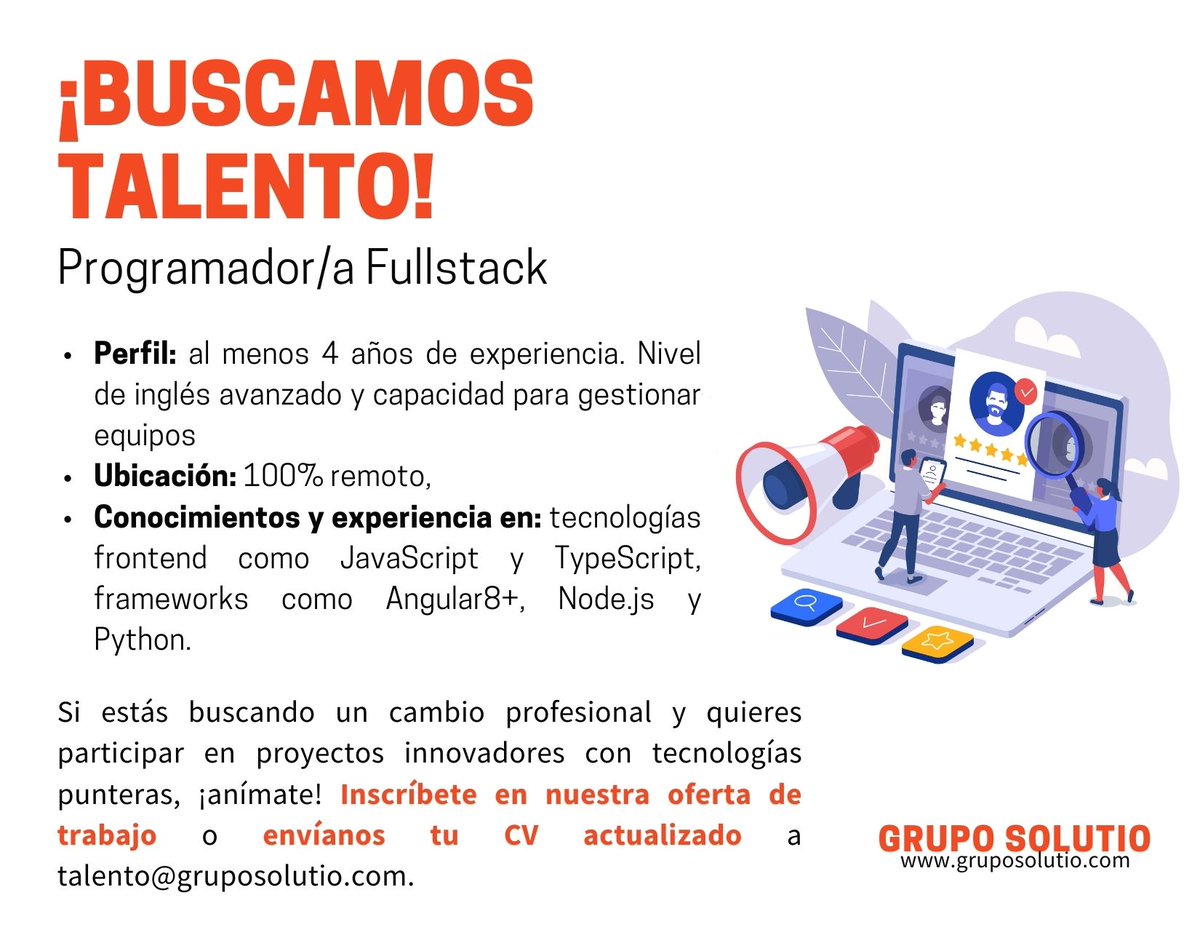 Grupo_Solutio's tweet image. Seleccionamos, para incorporación estable y en remoto en nuestro equipo, a un/a #Programadorfullstack.
➡Aplica aquí: bit.ly/3kLddQg
➡Envíanos tu CV a talento@gruposolutio.com
#SolutioTalent #FullstackDeveloper #TypeScript #JavaScript #Angular #Nodejs #Python #ITJobs