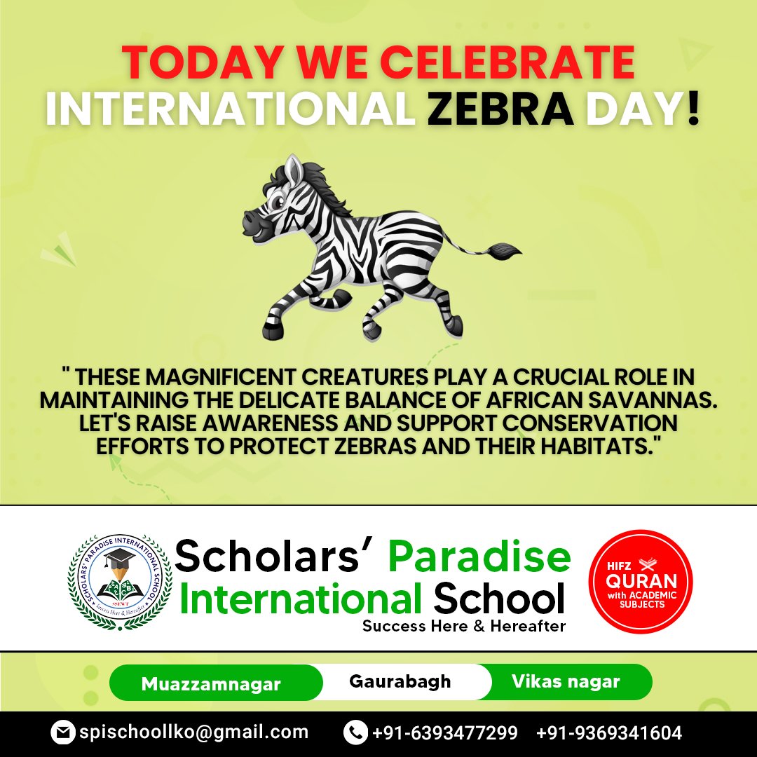 Scholarparadise's tweet photo. Today we recognize the important role that zebras play in the African savannas and the need to protect these magnificent creatures and their habitats.
๐Call: +91-9369341604, +91-6393477299
Email : spischoollko@gmail.com
#InternationalZebraDay #ZebraConservation #StripesMatter https://t.co/8N9w4ZXcX6