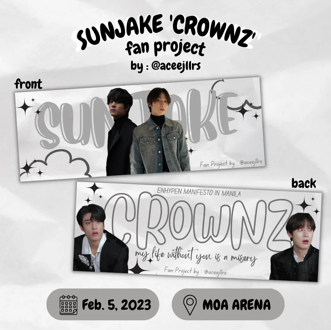 ➣ ENHYPEN #MANIFESTO_IN_MANILA freebie [ edited &amp; design by : <a href="/aceejllrs/">xo, akari ;</a> ]

》hi i'll be giving away SUNJAKE 'CROWNZ' hand banner on d-day!!
⸜(｡˃ ᵕ ˂ )⸝

ꕀ LIKE &amp; RT
ꕀ mbf for updates
ꕀ 1:1 ratio (very limited qty)
ꕀ show me this tweet

• tag me once u get one plss 🥺🤍