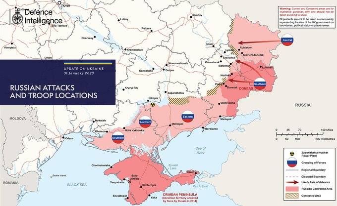 Russian attacks and troop locations map 31/01/23