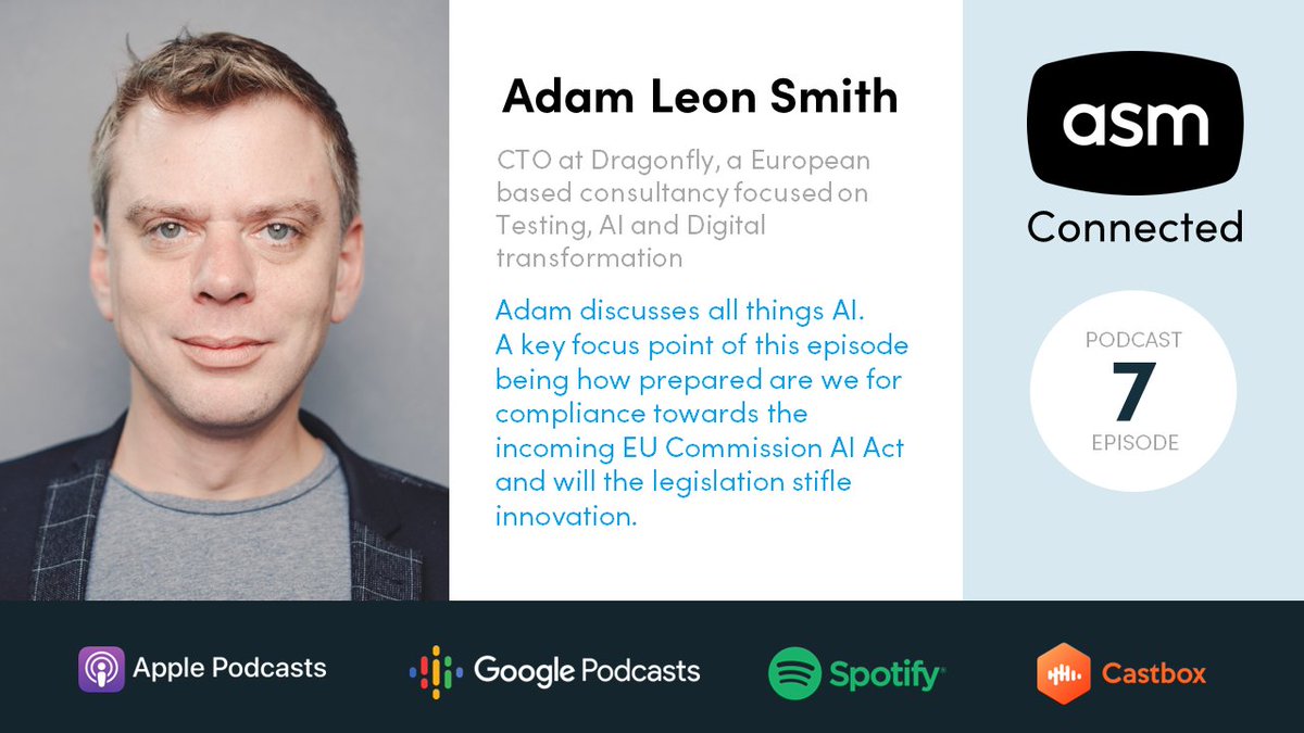 ASMTechnologies's tweet image. It was a pleasure to have @adamleonsmith on the #ASMconnected #podcast . Available on @Spotify @ApplePodcasts @Castbox_fm and @PodcastsGoogle 

Our Sales Director @iainjtomkinson talks to Adam about #AI, #softwaretesting #EmergingTech Link in comments too.
