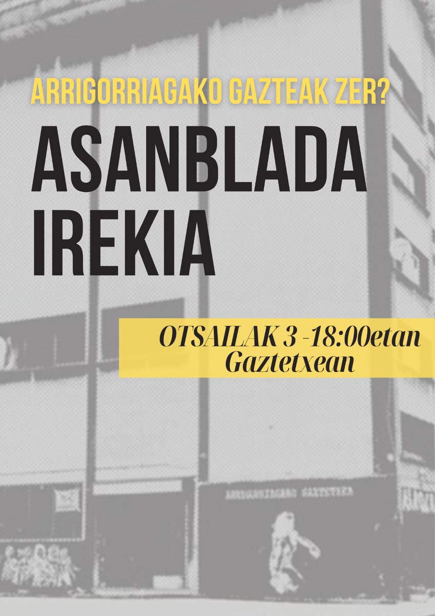 ‼️ ADI GAZTEAK‼️  

⚠️⚠️ASANBLADA IREKIA GAZTETXEAN⚠️⚠️  

Gaztea bazara eta egoera honetaz nazkatuta bazaude, gerturatu bariku honetan 18:00etan Gaztetxera‼️
