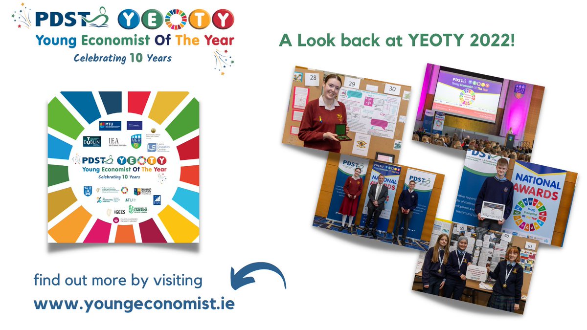 Look at YEOTY 2022 Highlights for a snapshot of last year's event youtube.com/watch?v=dbG9tW…
The countdown is on for the #YEOTY 10th anniversary!  Stay updated by visiting youngeconomist.ie <a href="/PDST_HomeEc/">PDST Home Economics</a> <a href="/econrachel/">Rachel Farrell</a> <a href="/Education_Ire/">Department of Education and Youth</a> <a href="/bstaireland/">Business Studies Teachers' Association of Ireland</a> <a href="/CSOIreland/">Central Statistics Office Ireland</a> <a href="/centralbank_ie/">Central Bank of Ireland</a> #PDST