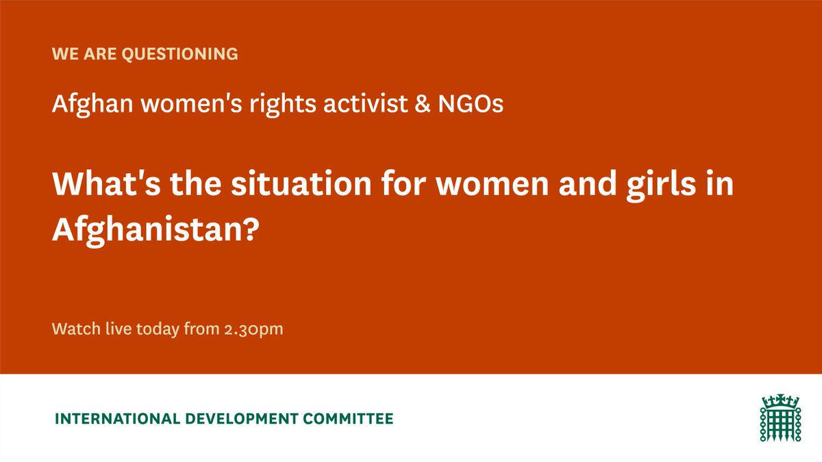Join us this afternoon as we take evidence on the situation for women and girls in Afghanistan with <a href="/sveto_ishoq/">Sveto Muhammad Ishoq | سویتا اسحق</a>, <a href="/AfghanAgencies/">British & Irish Agencies Afghanistan Group (BAAG)</a>, <a href="/WorldVisionUK/">World Vision UK</a>, <a href="/WFP_Afghanistan/">WFP in Afghanistan</a> &amp; <a href="/save_children/">Save the Children International</a>. Watch live on Parliament TV here: bit.ly/3wFdrLw #Afghanistan <a href="/SarahChampionMP/">Sarah Champion</a>